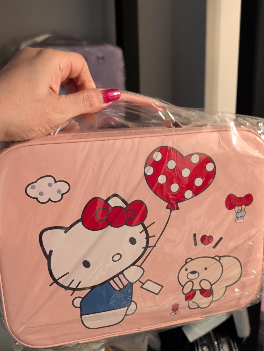 Hello Kitty Pink Kids Travel Case with Red Heart Balloon